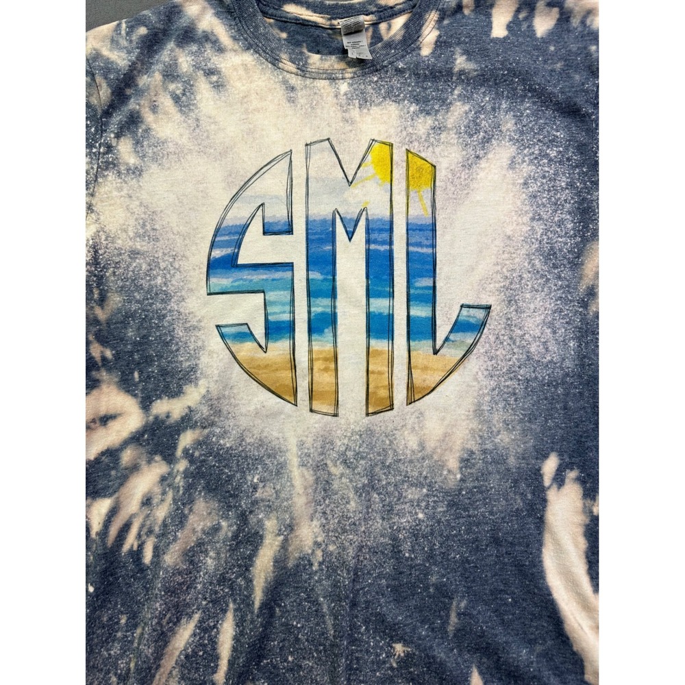 Gildan Men's SML Beach Graphic Tie Dye Bleach‎ Wash T-Shirt Navy Blue Large